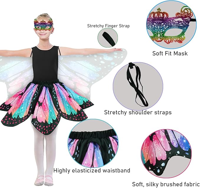 Kids Butterfly Wings Costume for Girls Fairy-Wings Toddler Dress Up Play Costumes Butterfly Skirt Set Mask Party Favors Gifts(Blue & Red)