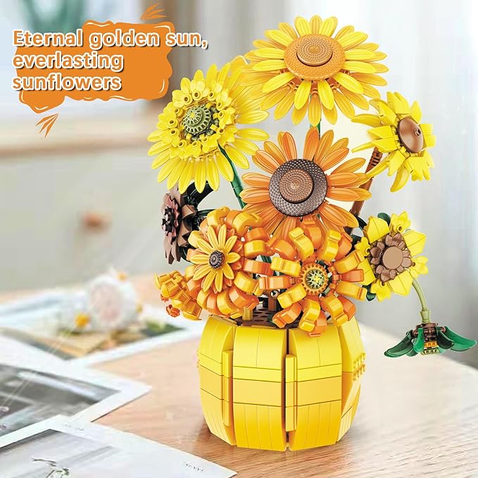 Flowers Sunflower Building Sets for Adults, Van Gogh Prints Art Botanical Collection for Woman Girls 14+, Artificial Pot Bouquet Plants Kits, Home Decor/Christmas/Valentine/Mother's Day Birthday Gifts