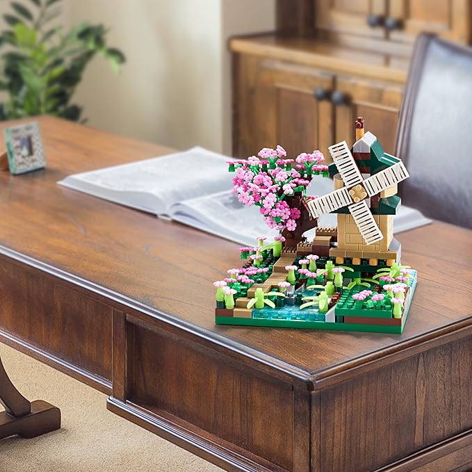 Architecture River Windmill Tree Cute Micro Mini Building Blocks Sets Trees Flowers for Girls, Idea Cherry Blossom Present Toy Model Kit 600+ pcs