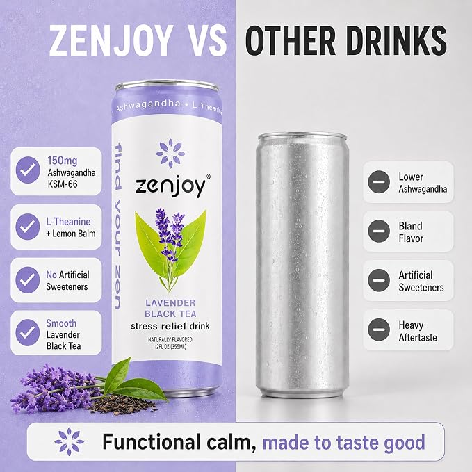 Zenjoy Adaptogen Drink Stress Relief Tea | Non Alcoholic Calming Drink w/Ashwagandha, Lemon Balm & L-Theanine for Focus | Stress Tea Calming Social Mocktail with Adaptogens (12 Pack, Variety)