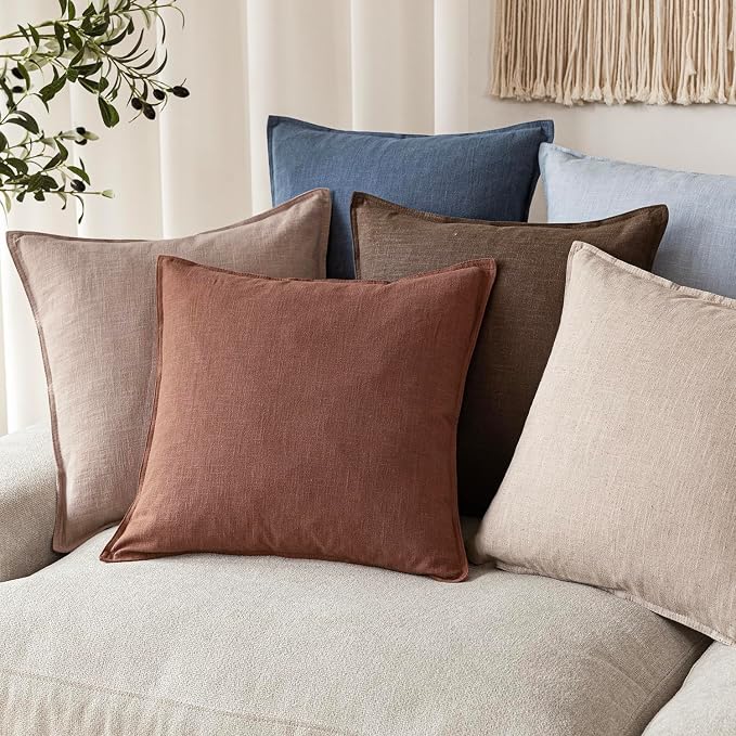Foindtower Pack of 2, Decorative Linen Solid Throw Pillow Covers Soft Accent Euro Cushion Case Boho Farmhouse Pillowcase for Chair Couch Sofa Bedroom Living Room Home Decor 18 x 18 Inch Rust Red