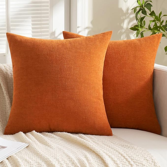 MIULEE Fall Orange Chenille Couch Throw Pillow Covers, 20x20 | Set of 2, Soft Farmhouse Modern Home Decor, Decorative Pillowcases for Sofa Living Room Bed