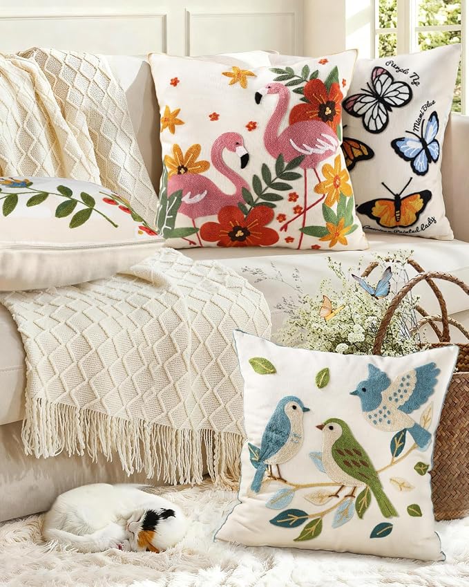 Animal Embroidered Throw Pillow Cover 20x20 Inch, Flamingos Floral | Decorative Pillow Cover, Boho Floral Cushion Cases with Hidden Zipper, Cottagecore Decor for Couch, Sofa, Living Room