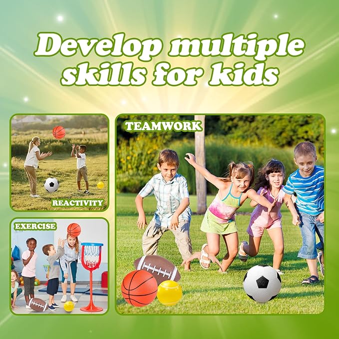 Hymaz 4PCS Sports Balls for Kids Toddlers, Playground Balls with Pump Includes Rugby Football Soccer Basketball Tennis Ball, Throwing Kickballs Toys Stocking Stuffers Birthday Gift for Boys Girls