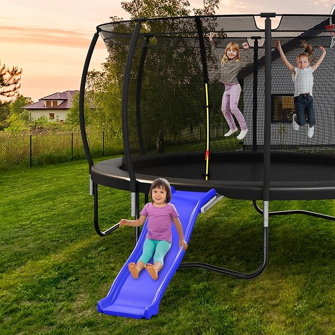 Lyromix Plastic Trampoline Slide for 8-16FT, Heavy Duty Outdoor Slide for Trampoline, Safe Trampoline Ladder for Kids 6+, 220 LBs Capacity, Blue