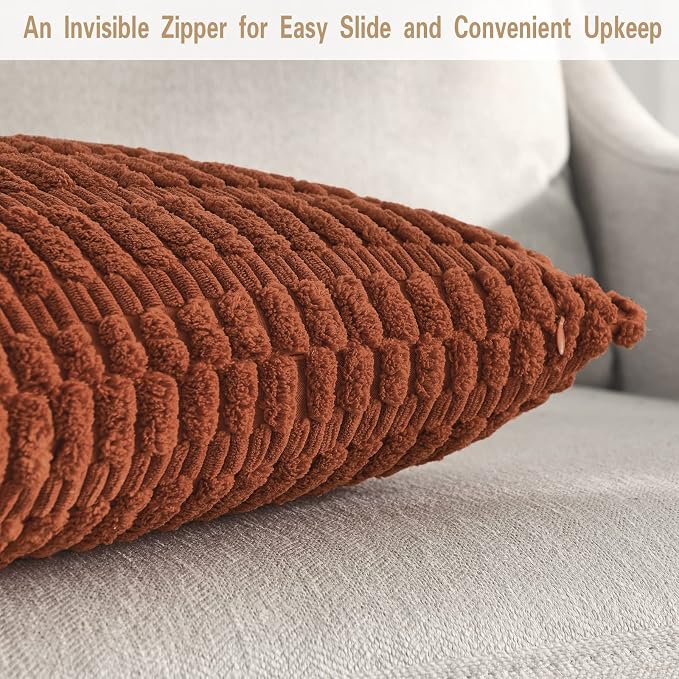 Volcanics Pack of 2 Fall Rust Decorative Throw Pillow Covers 18x18 Inch | Soft Corduroy Striped Square Cushion Cases, Modern Farmhouse Boho Home Decor for Couch Bed Sofa Living Room