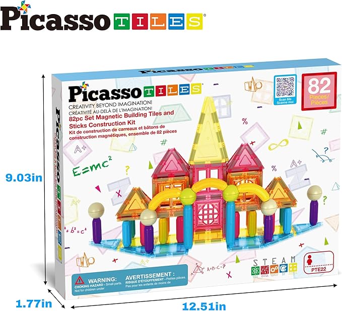 PicassoTiles 82 Piece Magnetic Sticks and Magnet Tiles Construction Building Block Toys for Toddlers, STEM Learning Toy Magnets Balls and 3+ Years Old for Boys Girls Kids Children Early Educational