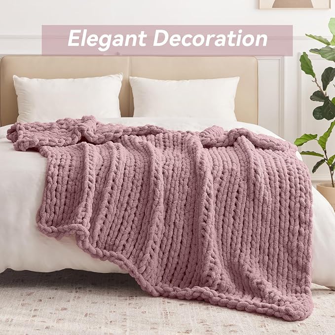Negwoo Chunky Knit Throw Blanket, Knitted Throw Chenille Yarn, 80"*90" | Soft Thick Cable Knitted Blankets, Handmade Big Thick Blanket, Machine Washable Cute Comfy Blanket for Home Decor, Muted pink