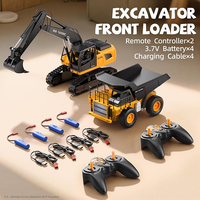 Ruko 1562 RC Excavator and Dump Truck Toy Set, 2.4GHz 9CH Remote Control Construction Vehicles with Lights & Sounds, Metal Bucket, 680° Rotation, Realistic 1:24 Scale Trucks for Kids