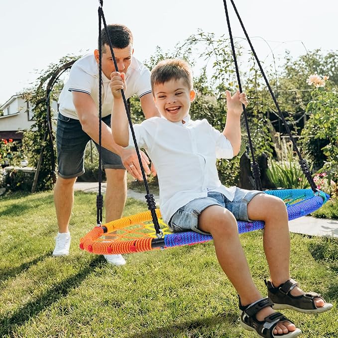 Trekassy 750lbs 40" Spider Web Saucer Tree Swing for Kids Adults, Outdoor Net Swing with Steel Frame and 2 Hanging Straps-Rainbow (Patented)