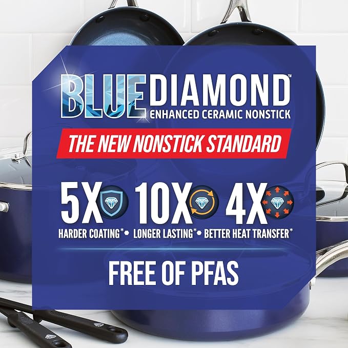 Blue Diamond 14" Diamond Infused Ceramic Nonstick Frying Pan Skillet | PFAS-Free Ceramic Nonstick Jumbo Pan with Helper Handle, Dishwasher & Oven Safe, Durable Metal Utensil Safe, Egg Pan, Blue