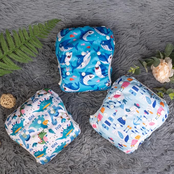 Babygoal Baby Boy Swim Diapers 3 Pack for 8M-3T Babies and Toddlers, Reusable Adjustable Washable for Swimming Lessons-Dinosaur,Shark,Fish