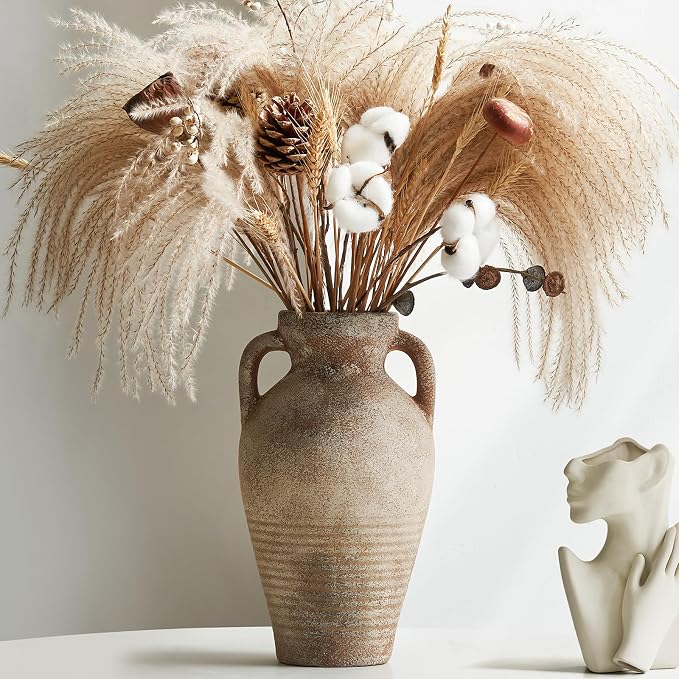 Ceramic Vase with Handles,11 inch Tall Brown Terracotta Vase | Handcrafted Rustic Farmhouse Style,Decorative Pottery Clay Vase,Home Decor,Table Centerpiece