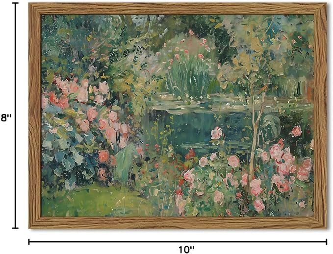 Framed Vintage Floral Landscape Canvas Wall Art, Rose Garden Pond Wall Decor Paintings, Rustic Cottagecore Nature Plant Pictures Prints Aesthetic Home Decor for Living Room Bedroom Bathroom 8x10 inch