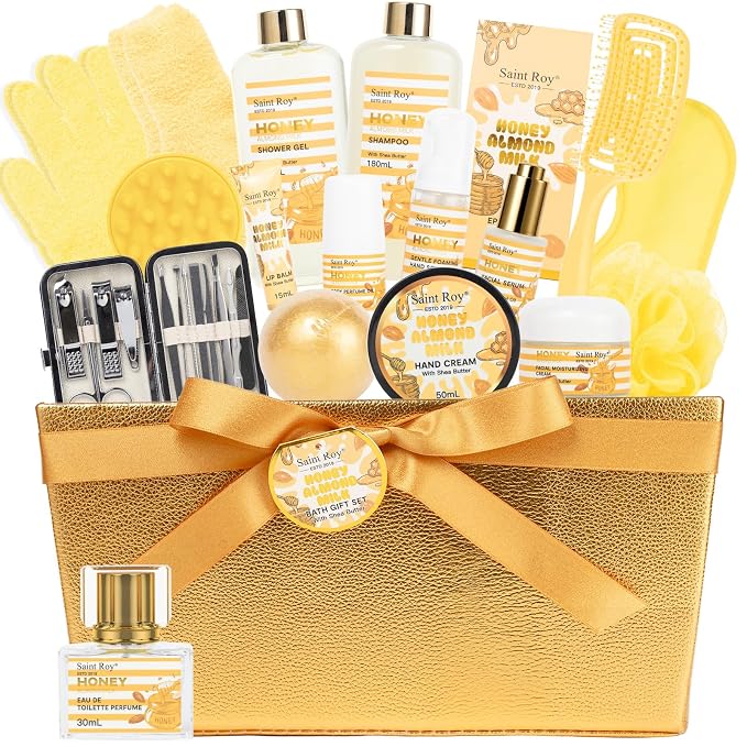 34Pcs Spa Gift Set for Women Men, Honey Almond Milk Bath & Body Gift Basket | Face Skin Care Kit, Home Spa Self Care Kit, Self-Care Gift, Pamper Kit Birthday, Christmas, Mother Day, Anniversary, Husband