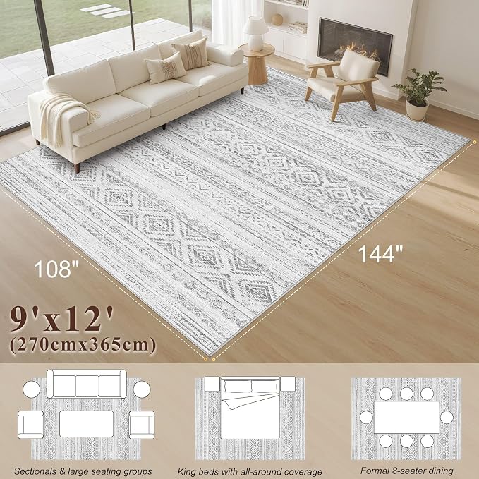 cotiled 9x12 Area Rugs Living Room Rug: Washable Boho Rugs with Non Slip Backing Large Soft Indoor Stain Resistant Carpet for Bedroom Farmhouse Dining Room Lightweight Home Decor Light Grey
