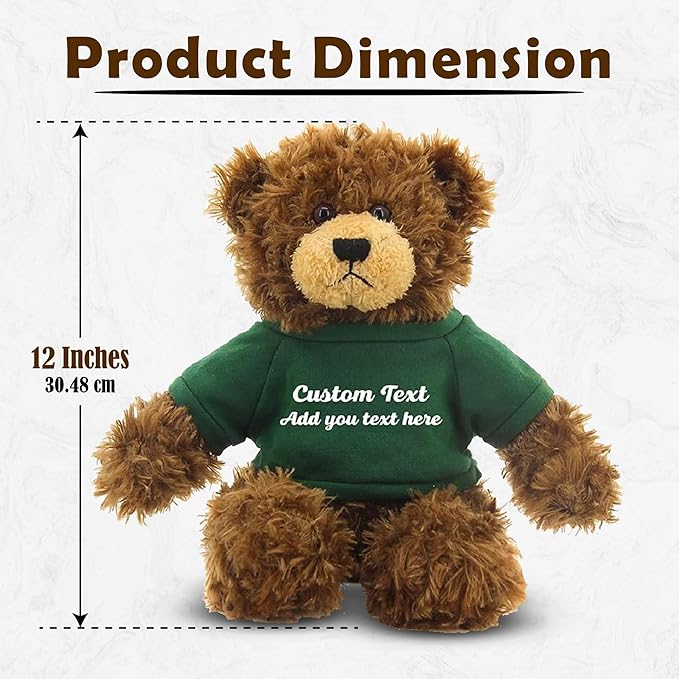 Customized Chocolate Brandon Bear - 12 inch Personalized Stuffed Bear Plush Toy - Perfect Custom Shirt Bear Gift for Graduation Valentines Graduation Easter Holidays (Green Shirt)