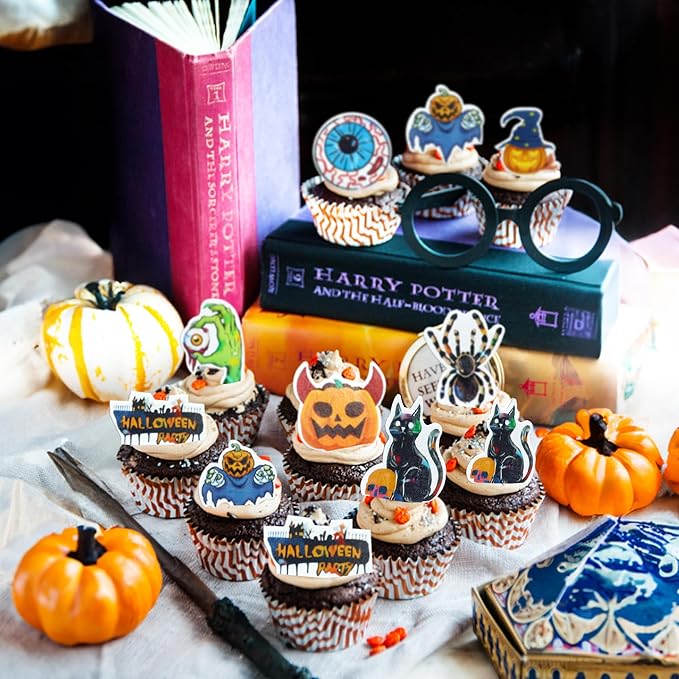 Gyufise 60Pcs Edible Wafer Paper Cupcake Toppers Edible Horror Spider Cupcake Pick Decorations for Halloween Theme Baby Shower Party Decoration