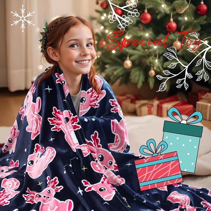 BORORO Glow in The Dark Axolotl Blanket - Soft, Cozy, Cute 50x60 inch Salamander Blanket Gifts for Kids