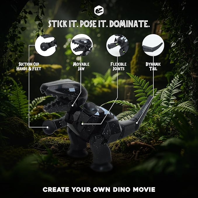 Zing Stikbot MEGA Dino T-Rex Single (Space Black), 6" Long x 3" Tall StikBot, Create Stop Motion Animation, Age 4+