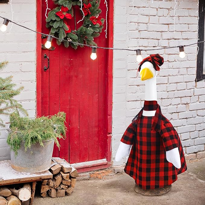 Winter Goose Outfit Burlap Plaid Porch Outfits Yard Clothes Christmas Silly Lawn Shirt for 23'' Cement Plastic Duck Decorations