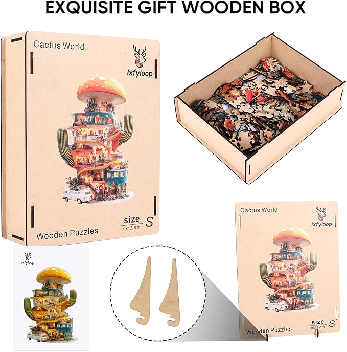 Ixfyloop Cactus Jigsaw Puzzles for Adults, Mushroom House Wooden Puzzles, Plant Wood Puzzle Unique Shape 200 Pieces, Best Gifts for Teens, Family Game 9.1x12.8 inch