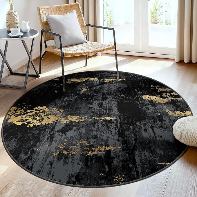 RELEANY Washable Round 6ft Area Rug for Living Room Black Gold | carpet for bedroom, kitchen, office, hallway and entryway, printed pattern, non-slip, soft, stain-resistant, easy to clean