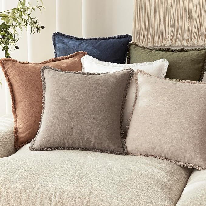 Foindtower Set of 2 Decorative Linen Fringe Throw Pillow Covers Cozy Boho Farmhouse Cushion Cover with Tassels Soft Accent Pillowcase for Couch Sofa Bed Living Room Home Decor,26×26 Inch,Brown Tan