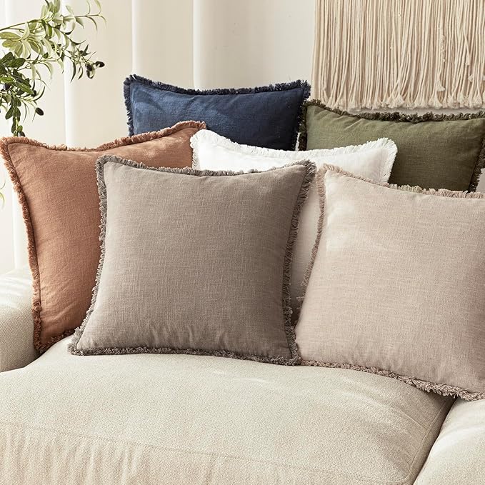 Foindtower Set of 2 Decorative Linen Fringe Throw Pillow Covers Boho Farmhouse Cushion Cover with Tassels Accent Pillowcase for Couch Chair Sofa Bed Living Room Home Decor,16×16 Inch,Dune