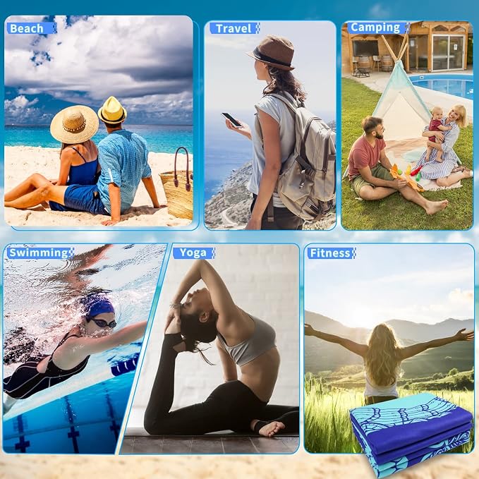 2 Pack Microfiber Thin Lightweight Beach Towel Oversized 71x32 Extra Large Sand Free Towels for Travel Swim Pool Yoga Gym Camping for Adults Women Men Beach Essentials Accessories Vacation Gift
