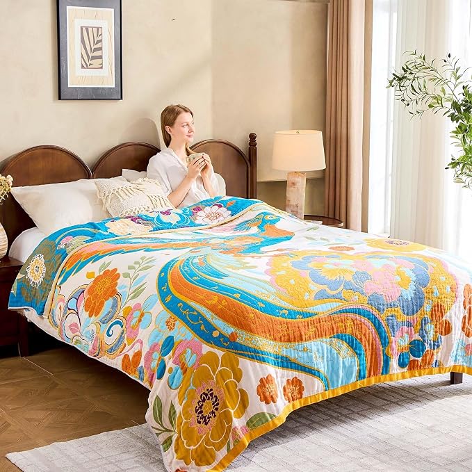 XIBLC Boho Throw Blanket, Lightweight Blankets for Summer, 100% Cotton Bohemian Decorative Throw Blanket, 90"x98" Reversible Muslin Breathable Woven Farmhouse Blankets Quilt,