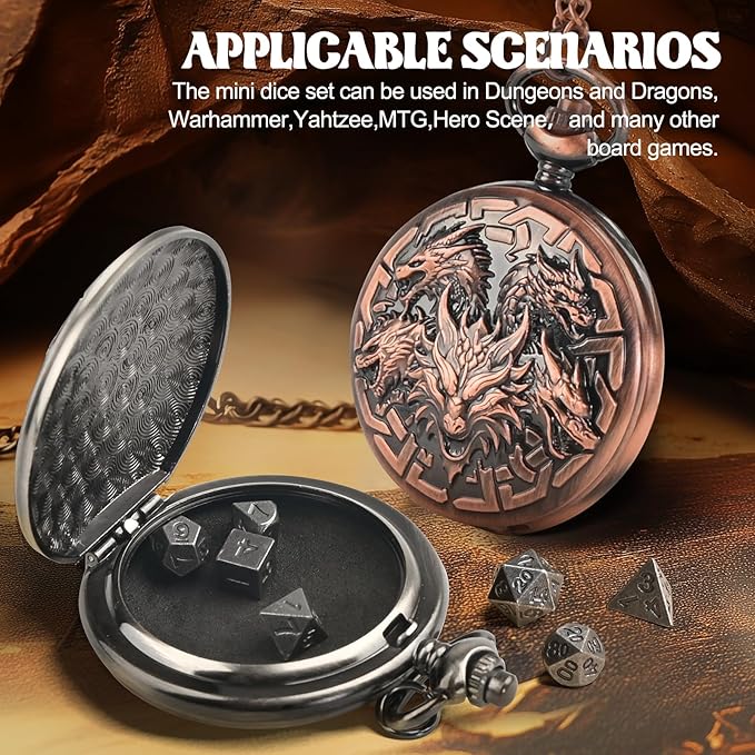 D&D Dice Set,7PCS Metal Dice for Dungeons and Dragons,Mini Dice Set with Pocket Watch Case,Role Playing Board Games Accessories (Dragon, Ancient Silver)