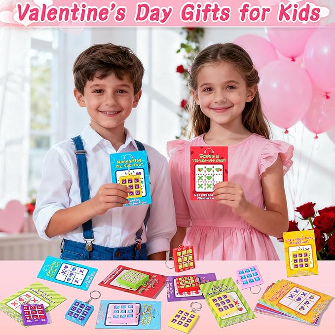 24 Pack Valentines Day Gifts for Kids Classroom Valentines Day Cards with Tic-Tac-Toe Game Keychains Valentines for Kids School Class Exchange Cards Valentines Party Favors Boys Girls Toddlers
