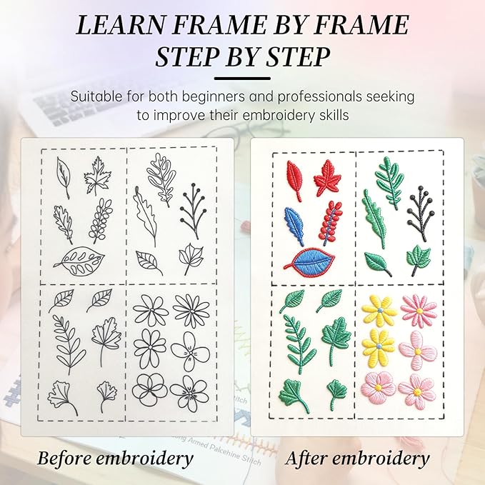 IKKAB Embroidery Stitch Book Kit for Beginners, 106-Pattern Embroiderys Practice Books with 86-Piece Stitching Kit, Portable Embroidery Sampler Book & Sewing Tool Set