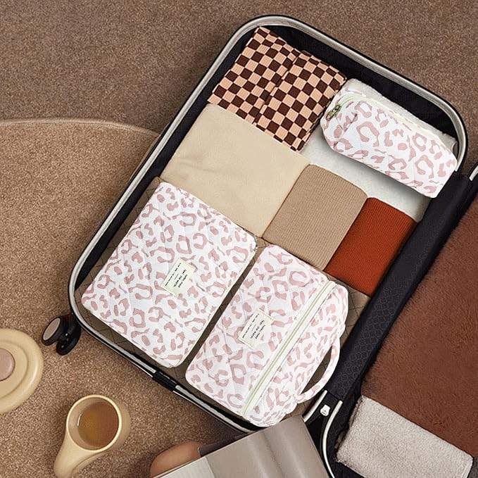 GISMTR 3Pcs Makeup Bag Cotton Quilted Travel Cosmetic Bag Cute Floral Makeup Pouch Large Toiletry Bag for Women Girls