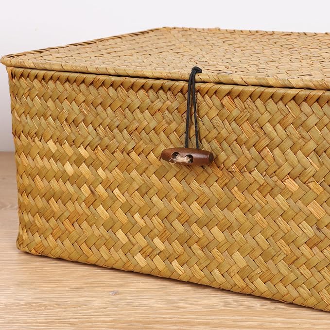 FEIALNDUO Wicker Shelf Baskets with Lid,Seagrass Storage Basket Bins Rectangular Handwoven Basket Boxes for Shelves Desktop Home Organizer (Natural, Small)
