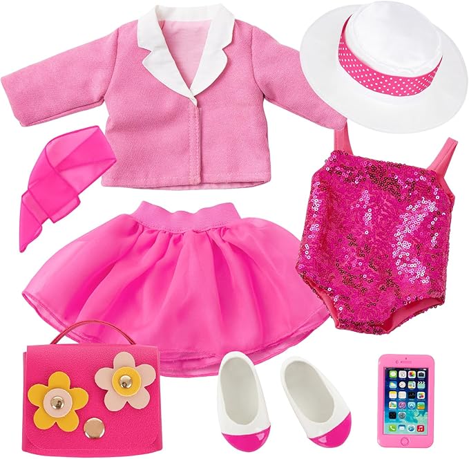 18 Inch Doll Clothes 8-Piece Stylish Pink Outfit Accessories Sets for American 18 Inch Dolls Outfits Trendy Clothes Red Flower Handbag Stuff Accessories for Dress-Up Play (Doll NOT Included)