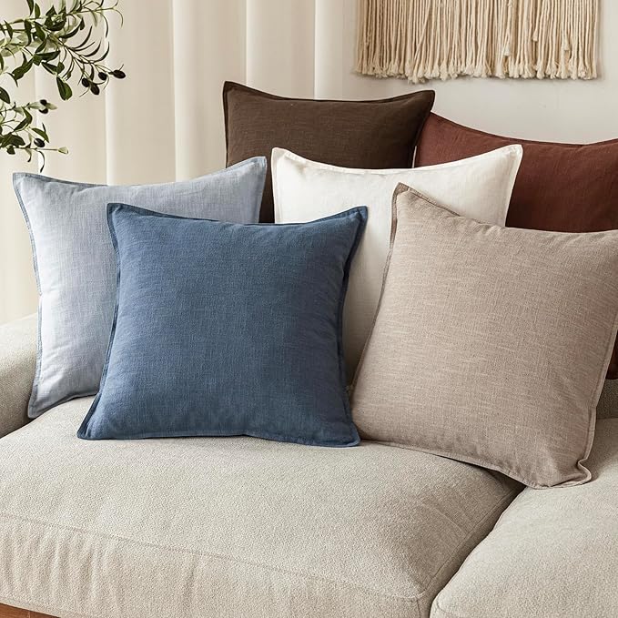Foindtower Pack of 2, Decorative Ramie Cotton Throw Pillow Covers Soft Accent Euro Cushion Case Farmhouse Neutral Pillowcase for Chair Couch Sofa Bedroom Living Room Home Decor 22 x 22 Inch Dark Blue