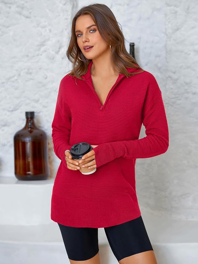 PRETTYGARDEN Womens Long Sleeve Quarter Zip Pullover Sweater Casual Loose V Neck Collared Ribbed Knit Jumper Tops Thumb Hole