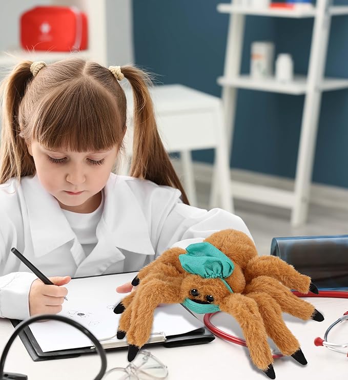 DolliBu Brown Spider Doctor Plush Toy - Super Soft Spider Doctor Stuffed Animal Dress Up with Cute Scrub Cap and Face Mask Outfit - Fluffy Doctor Toy Plush Gift - 7 inches