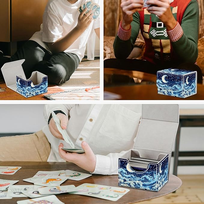 Card Game Storage Box TCG Deck Box MTG Card Box Organizer Trading Card Case Commander Deck Box TCG Card Storage Box Magnetic Closure Creative Pattern Up to 200 Cards, Blue Sky,Sea,Moon