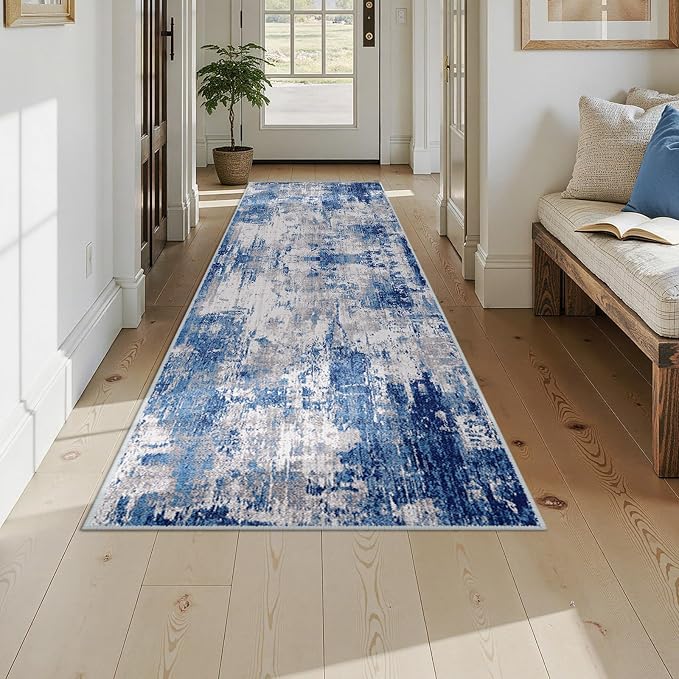 RELEANY Washable Runner 3'x9' Abstract Area Rug for Hallway Blue Gray | carpet for kitchen, entryway, bathroom, living room, bedroom, printed pattern, non-slip, soft, stain-resistant, easy to clean