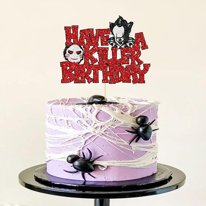 Gyufise 1Pcs Have a Killer Birthday Cake Topper Glitter Horror Classic Birthday Halloween Cake Pick for Bloody Horror Halloween Theme Party Cake Decorations Supplies