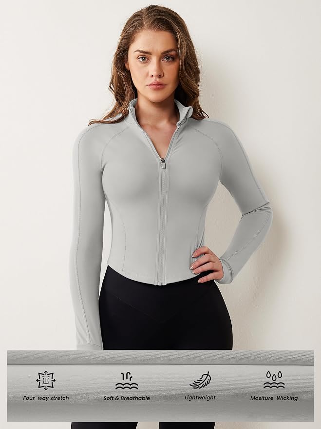 AVGO Women's Workout Jacket Lightweight Zip Up Cropped Yoga Jackets Slim Fit Athletic Tops with Thumb Holes