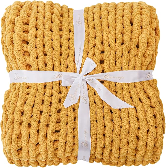 Bigacogo Chunky Knit Throw Blanket for Couch, 40x60 inches, Mustard Yellow | Hand Knit with Jumbo Chenille, Soft Breathable Cable Knit for Sofa Bed Living Room, Machine Washable, Gift for Mom Friend