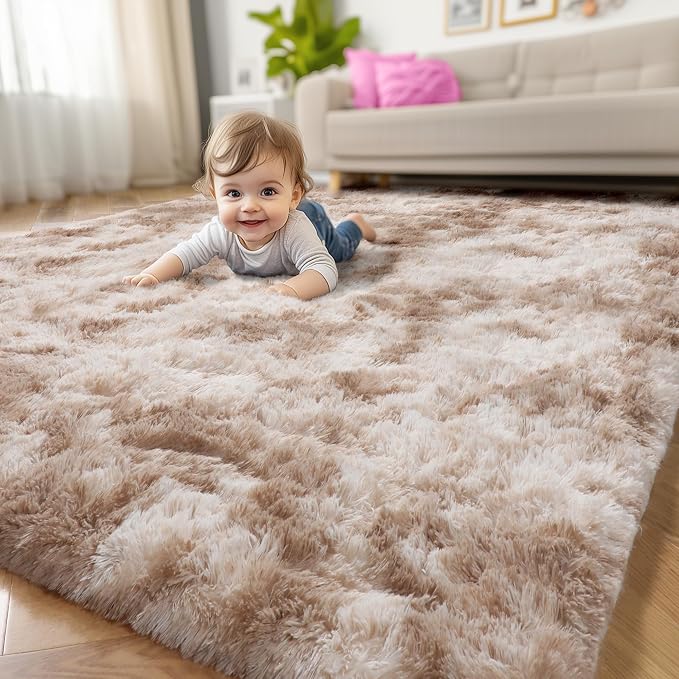 Amdrebio Beige Tan Furry Plush Area Rug 5x7 for Bedroom Living Room Nursery | Shag Cozy Thick Fluffy Shaggy Khaki Carpet, Classroom Playroom Dorm Home Office Decor, Neutral Aesthetic, Baby Kids Corner