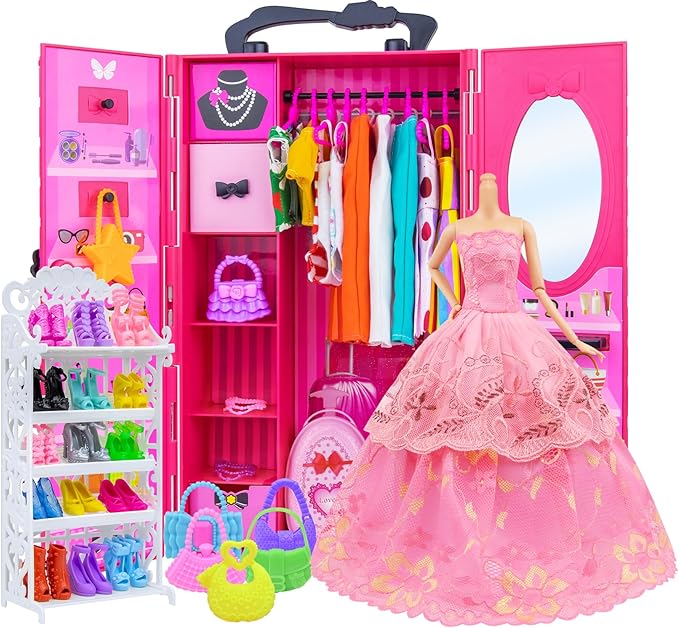 Ecore Fun Fashion Doll Closet Wardrobe for Doll Clothes and Accessories Storage - Lot 102 Items Include Clothes, Dresses, Shoes, Bags, Necklace, Shoes Rack, Hangers for 11.5 Inch Girl Doll Clothes