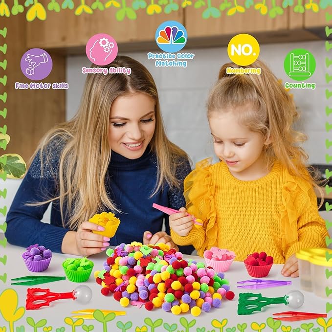 EZdhuawuse Fall Insects Sensory Bin Fillers - 268Pcs Insects Fine Motor Toys Color Counting Sorting Set for Kids, Felt Dragonfly Butterfly Bugs Pom Poms Cup Clip for Preschool Education Activities