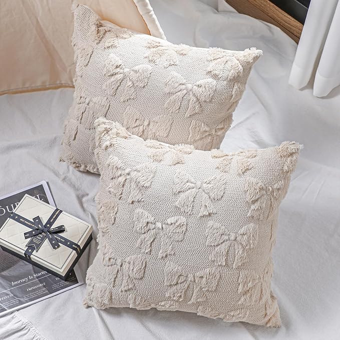 Mixweer Beige Bow Pillow Covers Set of 2 Preppy Room Decor Coquette Cute Spring Summer Decorative Faux Fur Soft Bowknot Stuff Fluffy Plush Aesthetic Pillowcase for Bed Sofa Couch (18 x 18 Inch)