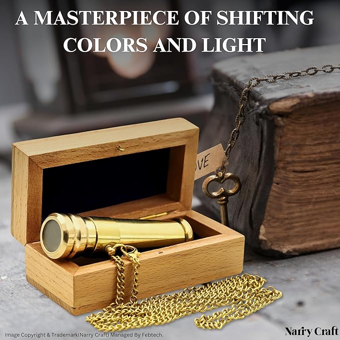 Brass Kaleidoscope with Wooden Box | Handcrafted Vintage Kaleidoscope with Optical Glass Lens & Wooden Storage Box โ Collectible Gift for Kids & Adults (Golden/Brass, Small)